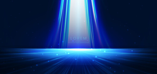 Abstract scene elegant blue light rays on dark background with lighting effect and sparkle.