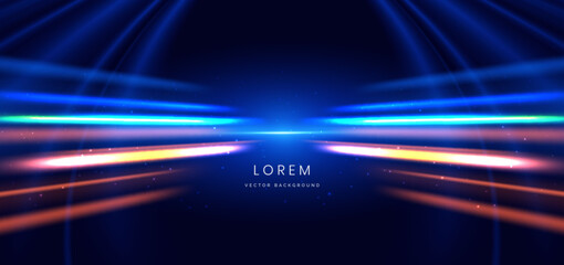 Abstract futuristic glowing neon blue and orange ray. Hi speed motion moving concept on dark blue background.