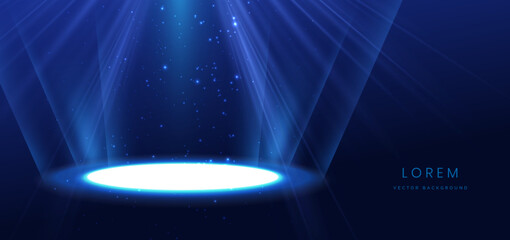 Abstract scene glowing blue light rays on dark background with podium glowing neon lights in futuristic.