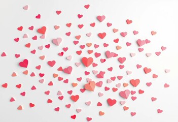 Scattered small paper hearts on pure white background, forming a gentle, chaotic pattern, sweet, heart