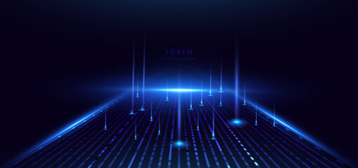 Abstract technology futuristic glowing blue beams vertical on dark blue background.