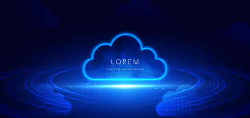 Cloud glowing futuristic technology connected digital servers on dark blue background.