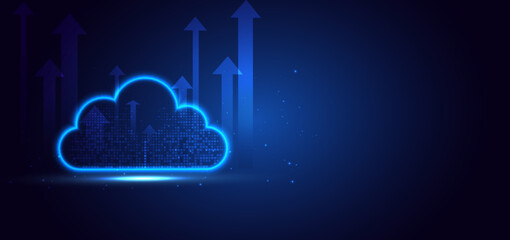 Cloud futuristic technology connected digital servers on dark blue background with arrow glowing.