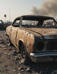 Burnt-out car in an abandoned lot after a devastating city fire