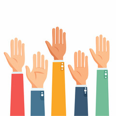 Obraz premium Hands Raised in Unity: Five hands of diverse skin tones are raised high, symbolizing unity, participation, and agreement. 