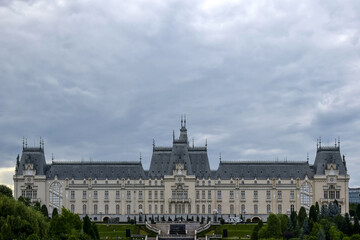 Palace of Culture in the Neo-Gothic style against stormy cloudy sky. Iasi, Romania. Copy space.