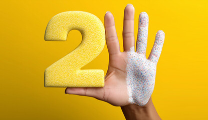Hand showing number two – playful finger art on bright yellow background