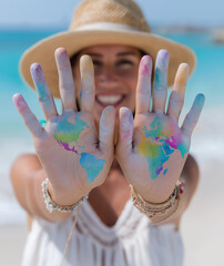 Young woman at tropical beach showing hands painted with world map silhouette – joyful travel concept with blurred turquoise ocean background.