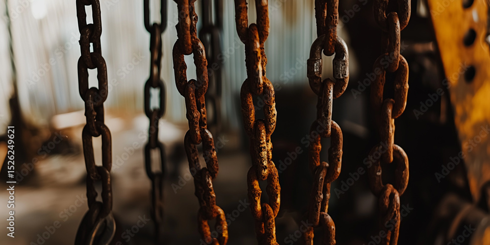 Poster close up view of several hanging rusty chains with a blurred background in a dark industrial setting
