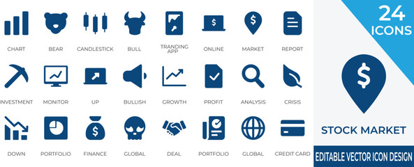 A modern vector icon set featuring bull, bear, candlestick charts, and stock market trends. Perfect for trading apps, finance platforms, and investment dashboards.
