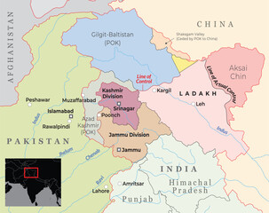 A political map of Jammu & Kashmir and Ladakh, marking key regions, borders with India