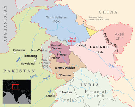 A political map of Jammu & Kashmir and Ladakh, marking key regions, borders with India
