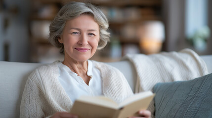Elder woman reading a book on a cozy living room sofa