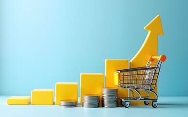 Increasing trend graph of sale volume with bigger shopping trolley cart on coins stacking for online sale business and ecommerce growth concept. High quality