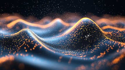 Abstract Digital Landscape: Glowing Particles and Waves