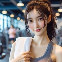 Fit Young Asian Woman in Gym Clothes Holding Towel After Workout for Healthy Lifestyle and Fitness Training Concept with Generative AI.