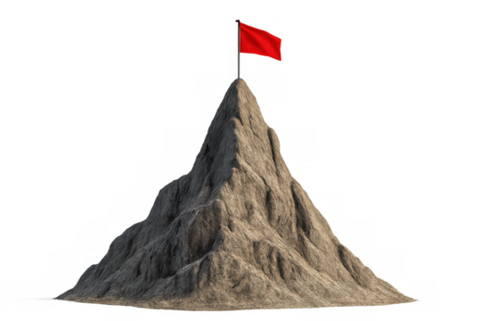 Mountain peak harboring red flag, symbolizing triumphant moment of achievement against pristine transparent backdrop