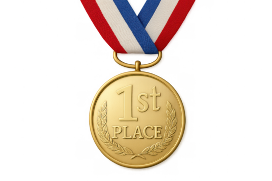 Gold medal with 1st place engraving suspended from patriotic ribbon, symbolizing competitive success and athletic triumph