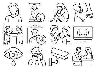 Fototapeta premium Illustrations depicting various forms of violence against women showcasing concepts of abuse and harassment awareness icons
