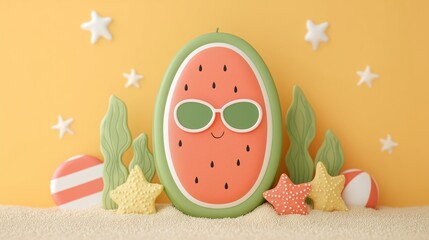 Cute Watermelon Character with Beach Elements
