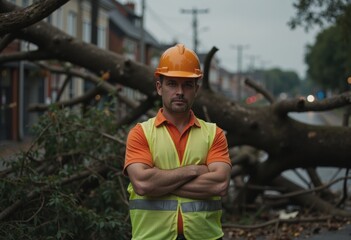City worker standing confidently by a fallen tree on the road after a storm