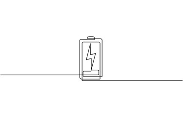 One continuous line drawing of battery charging. Lightning bolt symbol and electricity energy type sign in simple linear style, Battery icon continuous one line drawing, Continuous one line drawing of