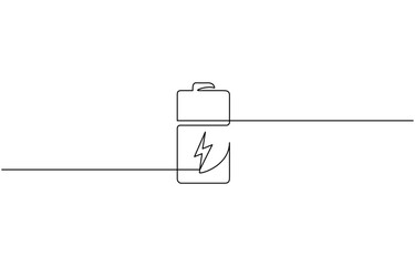 One continuous line drawing of battery charging. Lightning bolt symbol and electricity energy type sign in simple linear style, Battery icon continuous one line drawing, Continuous one line drawing of
