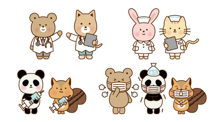 かわいい動物のお医者さんと患者のイラストセット（ベクター）