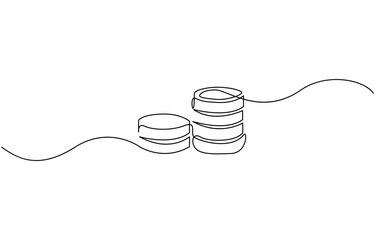 Single one line drawing pile of coin. Bank concept. Continuous line draw design graphic vector illustration., Coins money in simple linear style. Editable outline illustration.