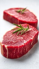 Exquisite Angus Ribeye Slices with Perfect Red Marbling Showcased in a Close-Up Culinary Delight
