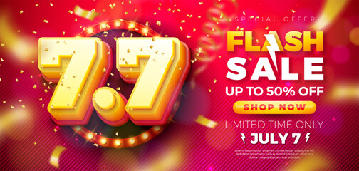 7 July Shopping Day Flash Sale Design with 3d 7.7 Multilayer Number, Light Bulb Billboard and Stage Podium on Red Background. Vector Summer Special Offer 50 Percent Off Campaign Discount Illustration