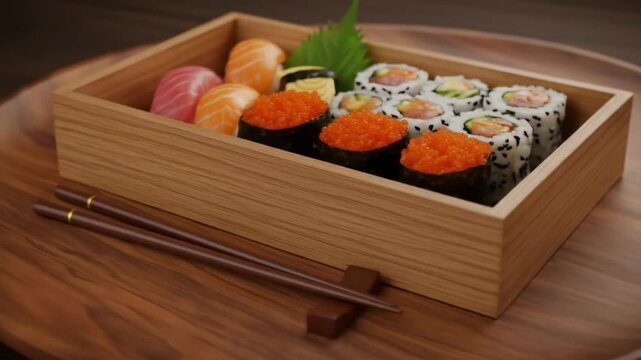 Assorted sushi in a wooden box with salmon nigiri, tobiko, and maki rolls with chopsticks resting nearby