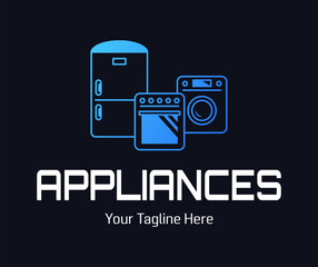 Modern minimalist home appliance store logo. Refrigerator stove and washing machine icon.