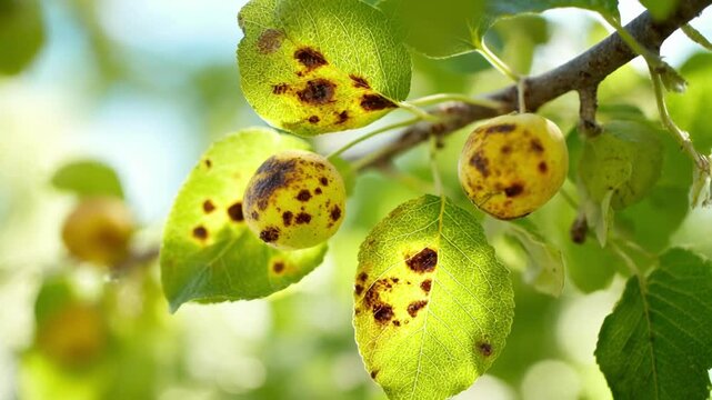 Apple scab disease affecting leaves and fruits close up