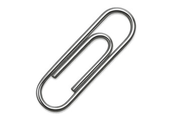 Metallic paperclip hanging against transparent backdrop, highlighting glossy office supply design