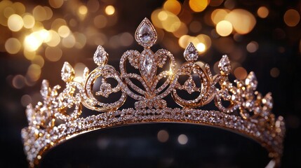 A Sparkling Golden Tiara Adorned with Diamonds, Set Against a Shimmering Gold Background