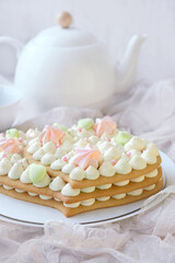 yummy beautiful sponge cake on table close up. sweet treat. delicious pastries for birthday, Valentine's day, festive date, Mother's Day, romantic party