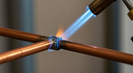 Close-up of a plumber soldering copper pipes with a blowtorch. Detail of blue flame heating a copper pipe joint with molten solder for plumbing installation or repair work.