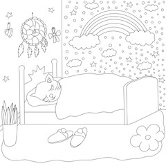 Cute cat sleeping on the bed in the night.Coloring book for children.