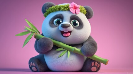 Happy panda holding bamboo with pink flower