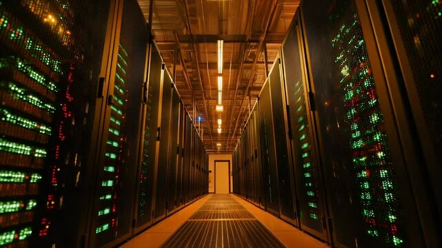 Dark server room corridor with glowing data racks