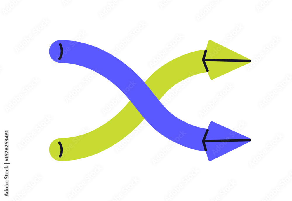 Poster Double arrow symbol for shuffle and change. Curved crossing pointers, swap and switch movement, split direction, reroute, flow sign, icon. Flat vector illustration isolated on white background