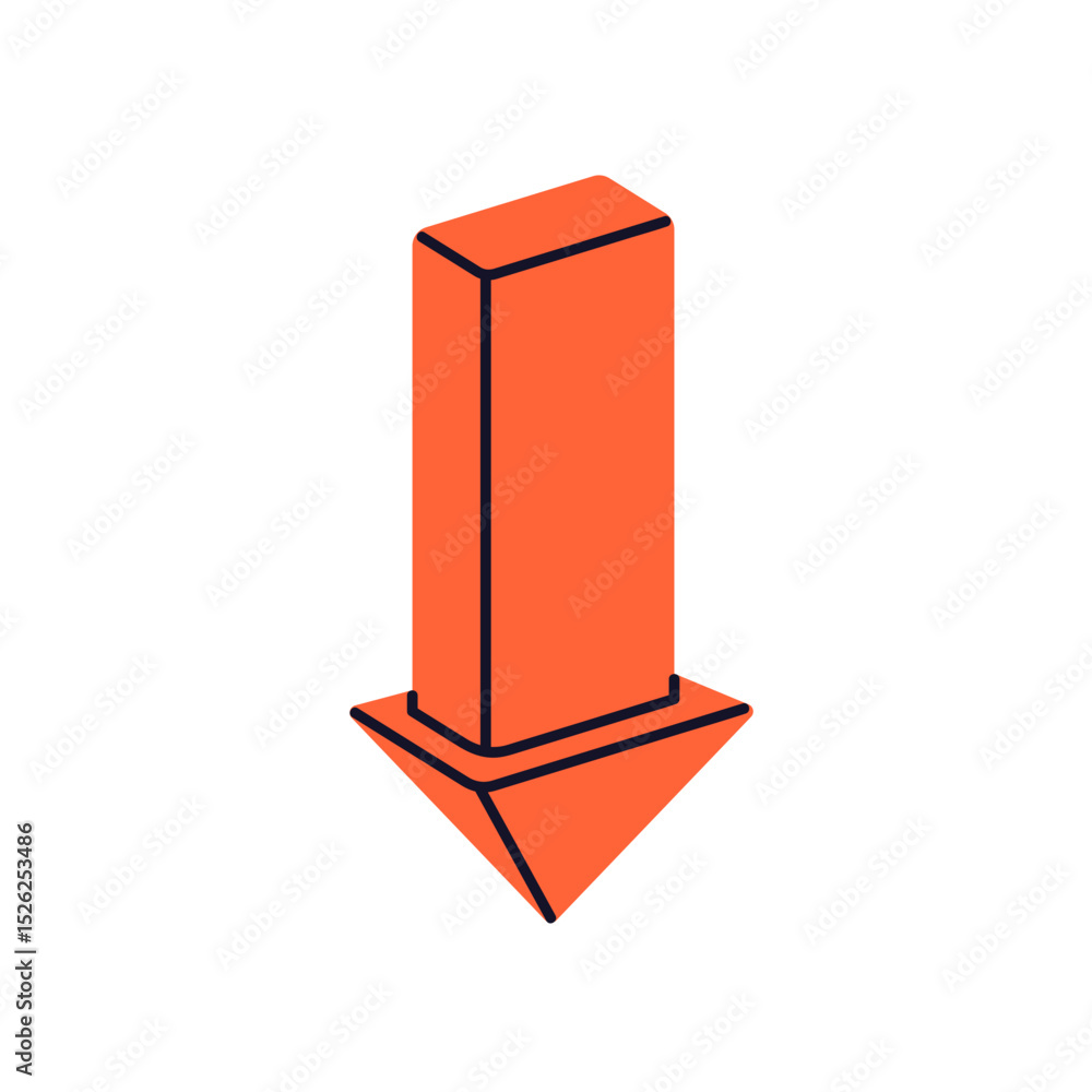 Poster Arrow pointing down, straight downward direction. Indicator, decrease pointer, showing reduction. Decline falling symbol. Navigation element. Flat vector illustration isolated on white background