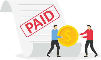 Business flat vector concept man give coin to bank manager to redeem confiscated house metaphor of pay debt. Illustration For Wallpaper, Banner, Background, Infographic, Book, And Web Landing Page. st