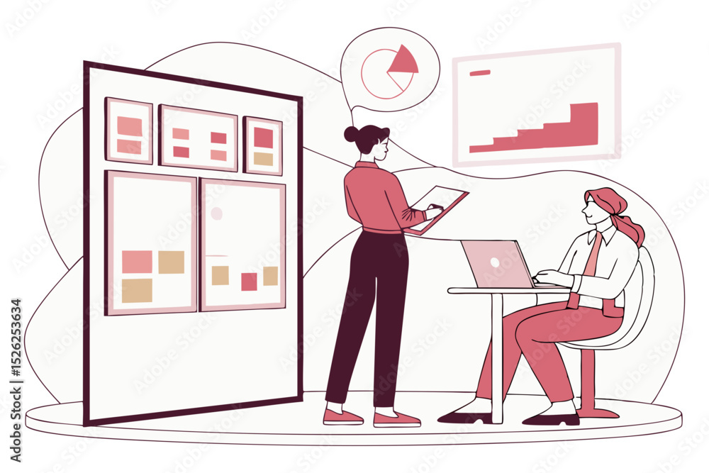 Poster vector art of two colleagues collaborate on a project, reviewing data on a laptop and a large visual