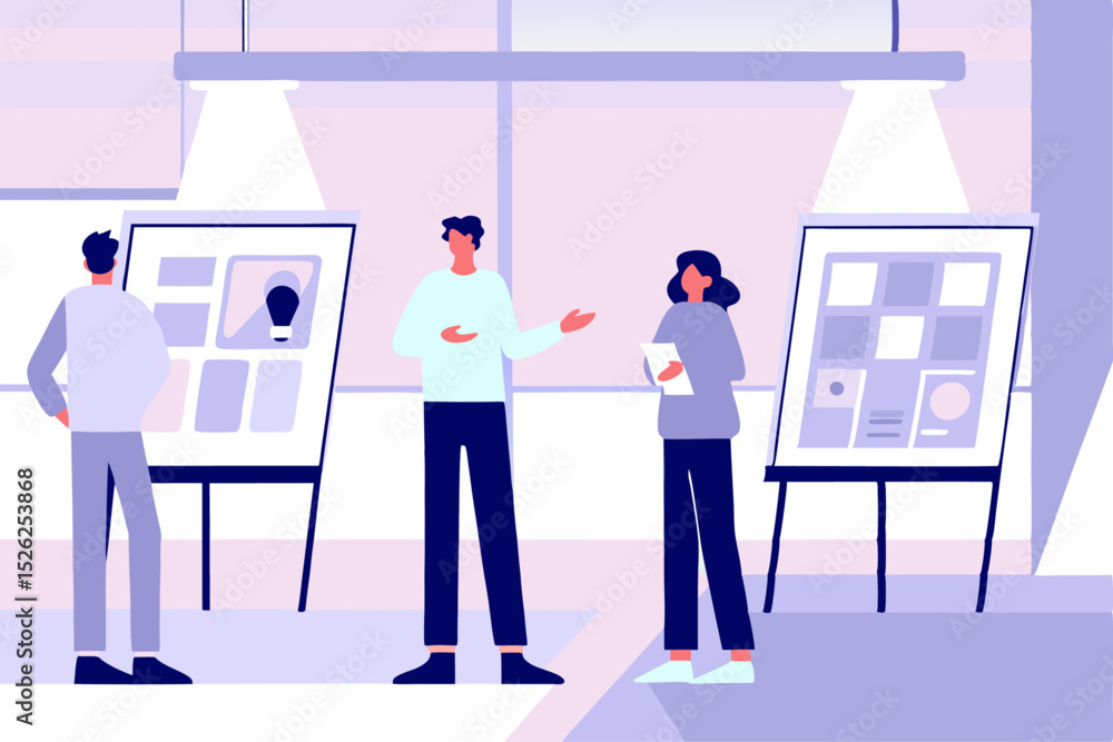 Poster vector art of a team collaborates on a project, reviewing visual presentations displayed on easels i