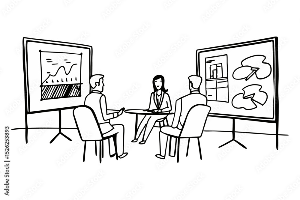 Poster vector art of a business team collaborates around a small table, reviewing data charts displayed on 