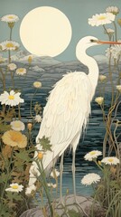 Fototapeta premium Traditional japanese stunning heron animal plant bird.