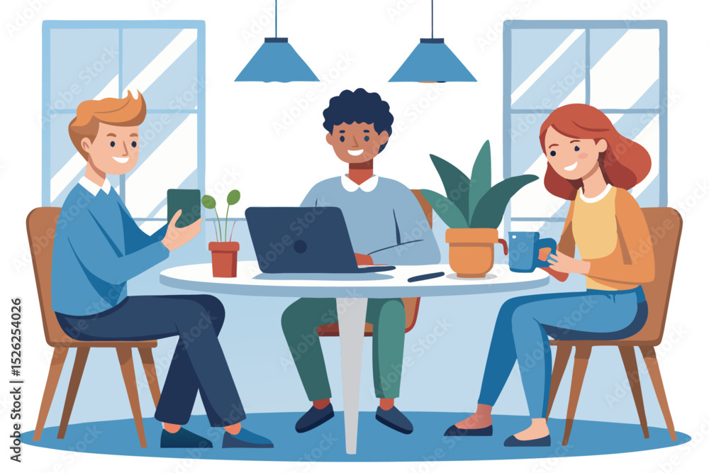 Poster vector art of three smiling colleagues collaborate on a project around a round table in a bright, mo