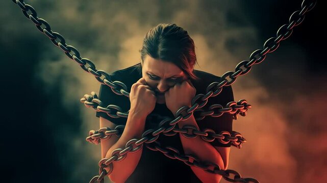 Person bound by heavy chains against dark, smoky sky, conveying feelings of confinement, despair, and struggle against adversity